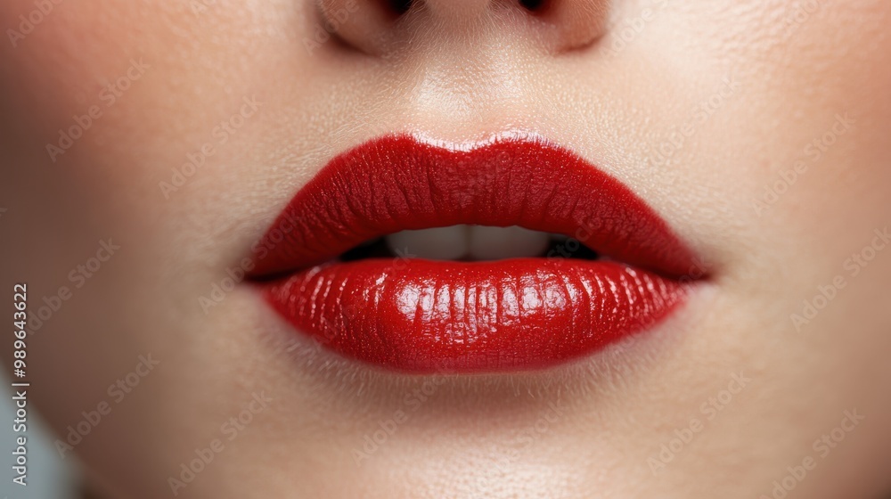 A striking photograph featuring glossy red lips parted slightly to reveal white teeth, conveying themes of sensuality, allure, and the striking beauty of vibrant cosmetics. A striking photograph featuring glossy red lips parted slightly to reveal white teeth, conveying themes of sensuality, allure, and the striking beauty of vibrant cosmetics.