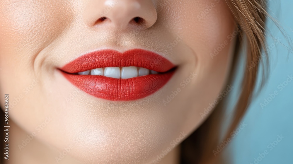 This image showcases a close-up of a woman's face, emphasizing her bright red lipstick and her perfect white teeth, with a blurred background that highlights her smile. This image showcases a close-up of a woman's face, emphasizing her bright red lipstick and her perfect white teeth, with a blurred background that highlights her smile.