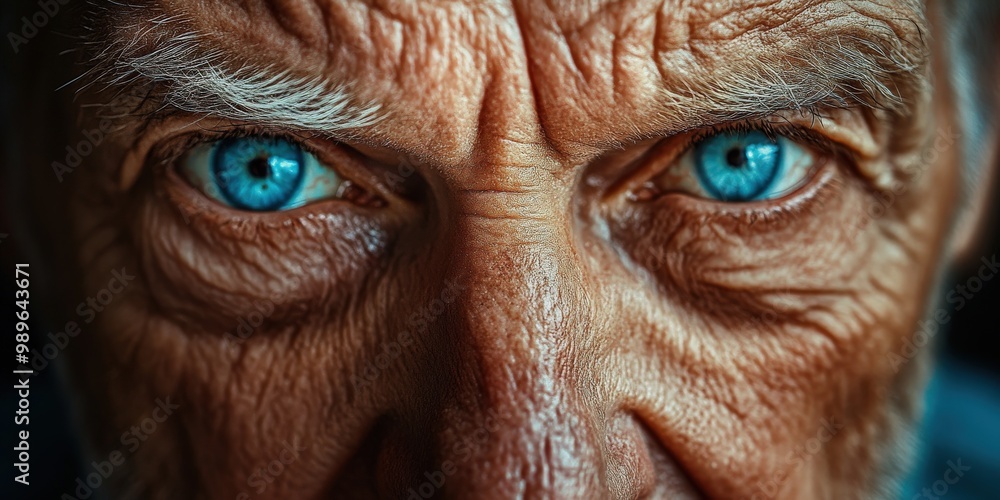 Close-up portrait of an old man with wrinkled face and piercing blue eyes Close-up portrait of an old man with wrinkled face and piercing blue eyes