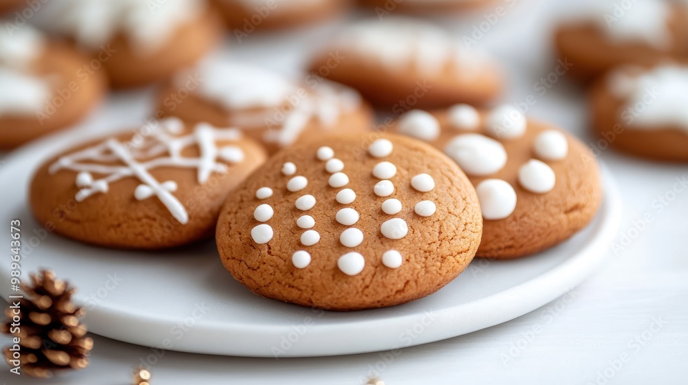 The image showcases round cookies with different white icing patterns including polka dots and lines, emphasizing the creative designs and festive atmosphere of holiday baking. The image showcases round cookies with different white icing patterns including polka dots and lines, emphasizing the creative designs and festive atmosphere of holiday baking.