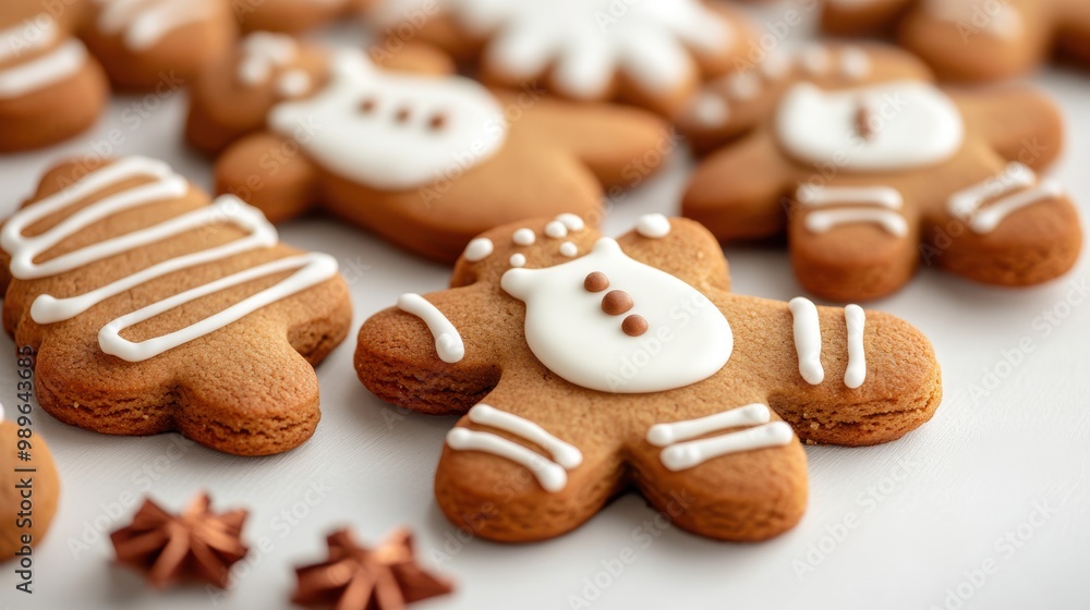 The image shows a collection of gingerbread men and tree-shaped cookies, each adorned with white icing patterns, evoking a cheerful holiday spirit and warmth. The image shows a collection of gingerbread men and tree-shaped cookies, each adorned with white icing patterns, evoking a cheerful holiday spirit and warmth.
