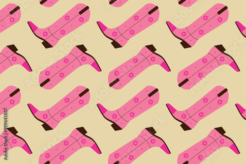 Seamless pattern with pink women's cowboy boots on a beige background. Vector illustration.