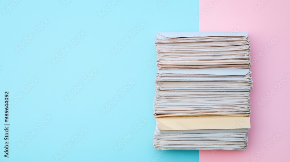 Simple Elegance: Stack of Newspapers on Pastel Background with Copy Space Simple Elegance: Stack of Newspapers on Pastel Background with Copy Space