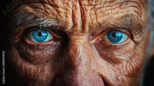 Close-up portrait of an old man with wrinkled face and piercing blue eyes