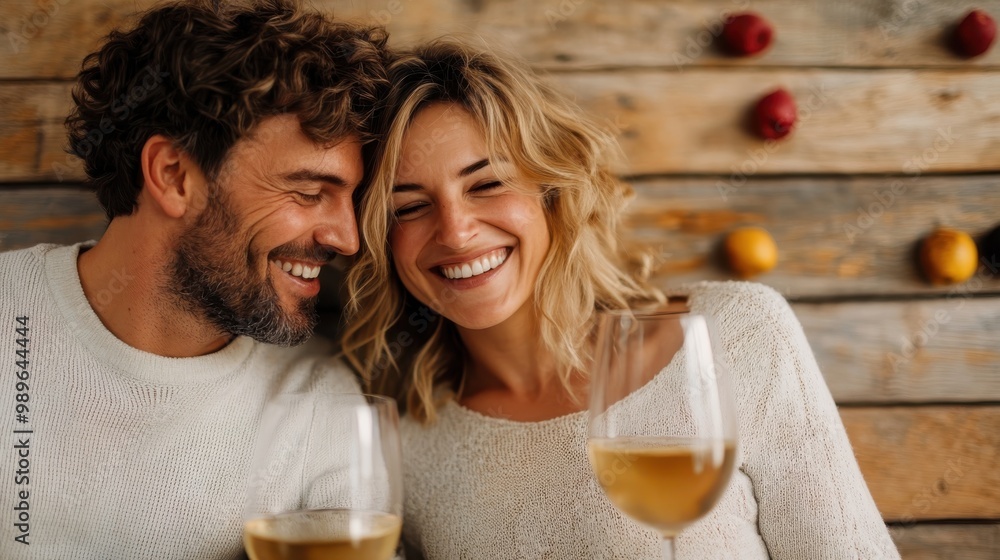 A happy couple is caught in a moment of laughter and joy, enjoying a glass of white wine together against a backdrop of rustic wooden panels adorned with berries. A happy couple is caught in a moment of laughter and joy, enjoying a glass of white wine together against a backdrop of rustic wooden panels adorned with berries.
