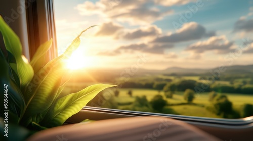 An enchanting scene with the sun rising over lush green fields as viewed from a window, reflecting hope, renewal, and the tranquil start of a peaceful day in nature’s embrace.