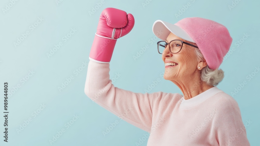 An elderly woman dressed in pink including a hat and boxing gloves, lifting one arm up in a victorious pose against a light blue background, filled with pride and energy. An elderly woman dressed in pink including a hat and boxing gloves, lifting one arm up in a victorious pose against a light blue background, filled with pride and energy.