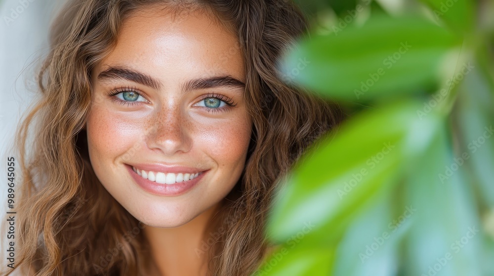 A close-up shot of a smiling young girl with curly hair and blue eyes, surrounded by shining green leaves, emphasizing natural beauty and radiance. A close-up shot of a smiling young girl with curly hair and blue eyes, surrounded by shining green leaves, emphasizing natural beauty and radiance.