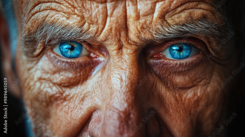 Close-up portrait of an old man with wrinkled face and piercing blue eyes Close-up portrait of an old man with wrinkled face and piercing blue eyes