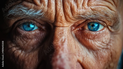 Close-up portrait of an old man with wrinkled face and piercing blue eyes