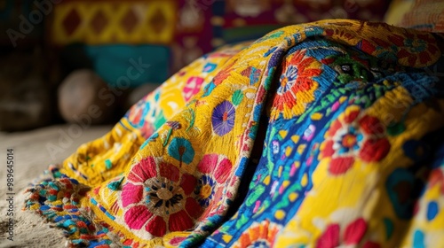 A vibrant, intricately designed quilt showcasing colorful floral patterns.