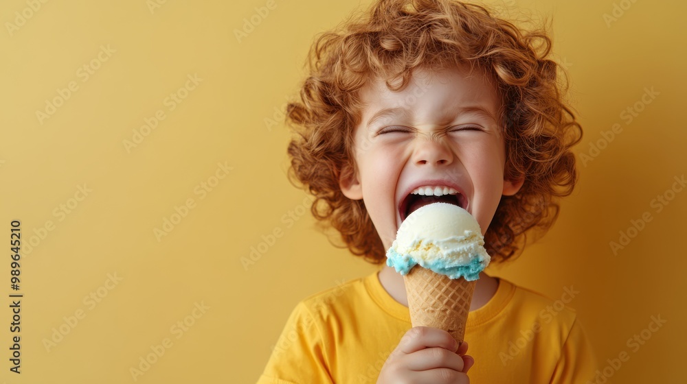 A young boy with curly hair enjoys a large ice cream cone, expressing sheer delight. The bright yellow backdrop adds an element of playful warmth and cheer. A young boy with curly hair enjoys a large ice cream cone, expressing sheer delight. The bright yellow backdrop adds an element of playful warmth and cheer.