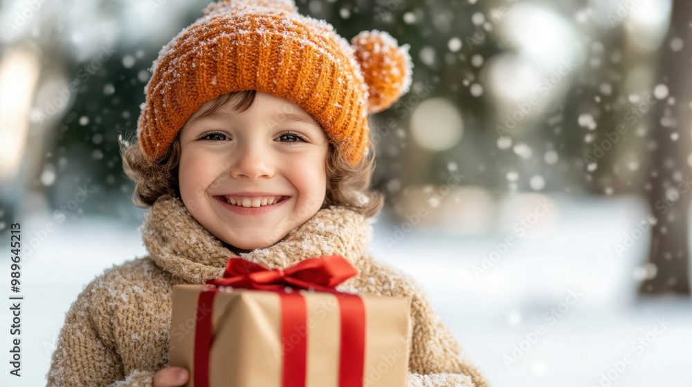 A charming kid with a knitted hat and a big smile beams joyfully while holding a gift, surrounded by falling snowflakes, evoking the warmth of the season. A charming kid with a knitted hat and a big smile beams joyfully while holding a gift, surrounded by falling snowflakes, evoking the warmth of the season.