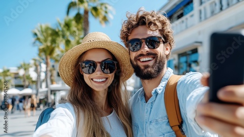 A couple in sunglasses enjoys a sunny day, capturing a cheerful selfie against a backdrop of palm trees and vibrant surroundings, radiating travel joy and happiness.