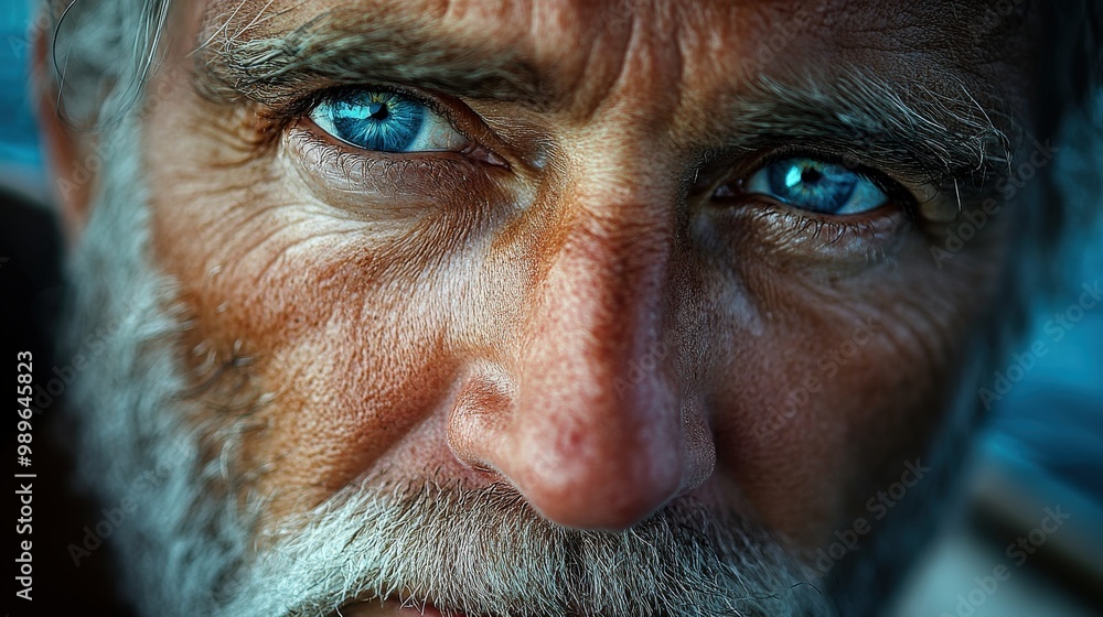 Close-up portrait of an old man with wrinkled face and piercing blue eyes Close-up portrait of an old man with wrinkled face and piercing blue eyes