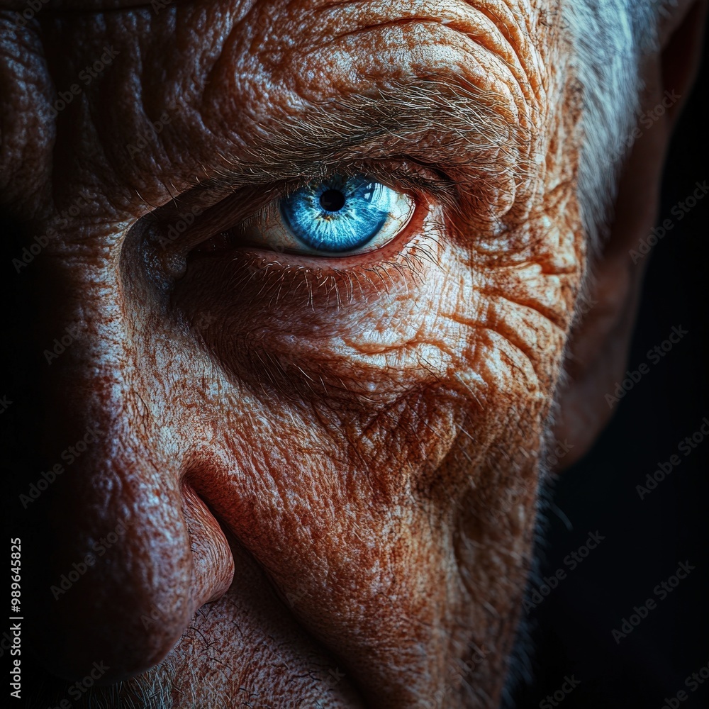 Close-up portrait of an old man with wrinkled face and piercing blue eyes Close-up portrait of an old man with wrinkled face and piercing blue eyes
