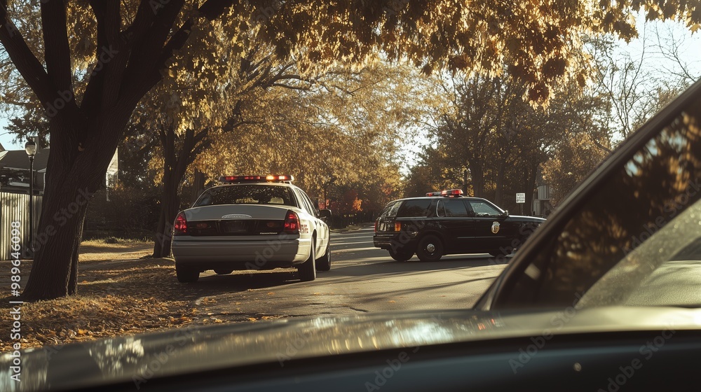 Police vehicles respond to an incident on a tree-lined street during autumn in a suburban neighborhood Police vehicles respond to an incident on a tree-lined street during autumn in a suburban neighborhood