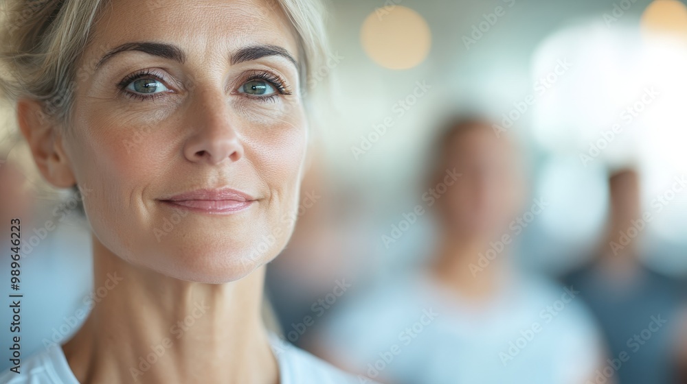 A focused woman in a group setting glows with warmth and approachability, standing out among the blurred figures behind her in an energetic gym atmosphere. A focused woman in a group setting glows with warmth and approachability, standing out among the blurred figures behind her in an energetic gym atmosphere.