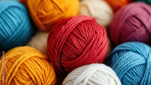 This image features a close-up view of several multicolored balls of yarn, showcasing their vibrant hues and soft, textured surfaces, perfect for knitting or crafting enthusiasts.