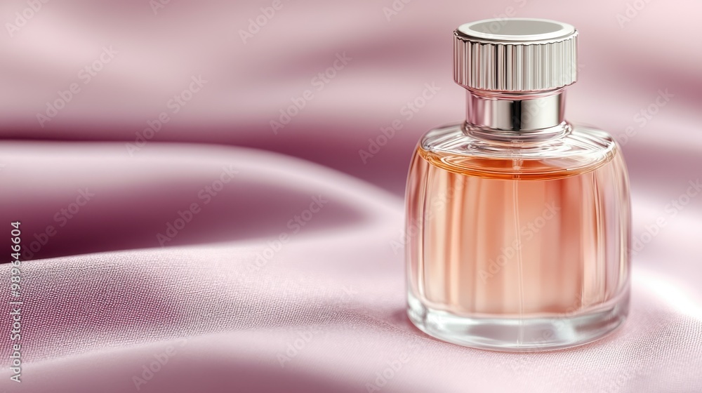 A round perfume bottle with a sleek cap rests on light pink satin fabric, exuding elegance and sophistication, creating a perfect setting for luxury fragrance representation. A round perfume bottle with a sleek cap rests on light pink satin fabric, exuding elegance and sophistication, creating a perfect setting for luxury fragrance representation.