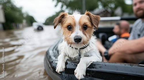 A dog rests on the edge of a rescue boat as floodwaters surround them, emphasizing both the exhaustion and the commitment to safety during a rescue mission. photo