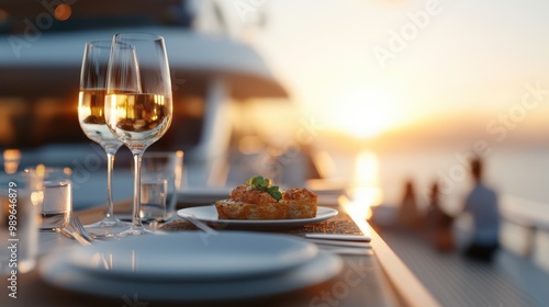 A beautifully set dining table on a yacht overlooking a sunset, featuring delicious appetizers and glasses of wine, creating a peaceful and luxurious dining ambiance. photo