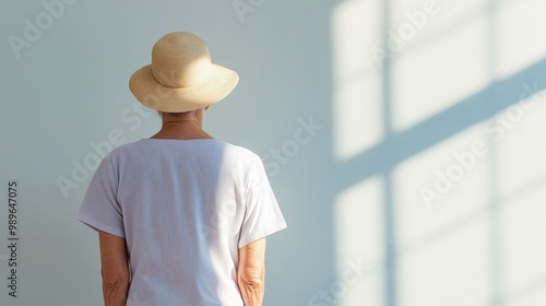 A serene image of an elderly woman wearing a straw hat, standing by a sunlit interior wall, reflecting tranquility, wisdom, and the gentleness of passing time in a calm space.