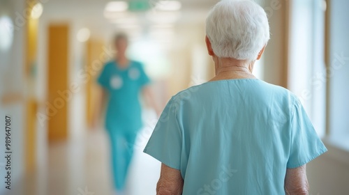 An elderly person walking in a hospital corridor towards the light, captured from the back, symbolizing care, the journey of life, and hope within a healthcare setting.