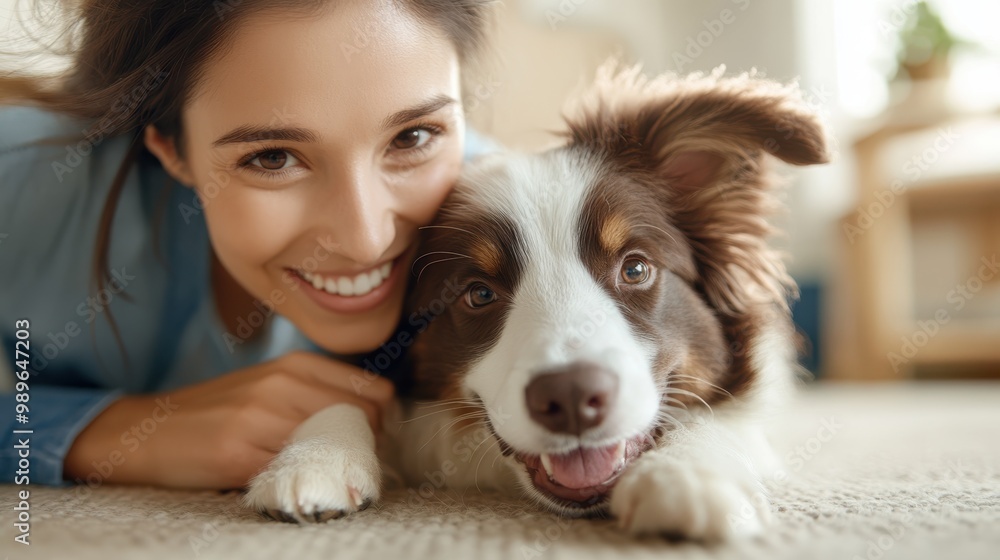 In a warmly lit room, a woman delightfully embraces her dog as they lie together on a soft carpet, highlighting an intimate and tender friendship moment. In a warmly lit room, a woman delightfully embraces her dog as they lie together on a soft carpet, highlighting an intimate and tender friendship moment.