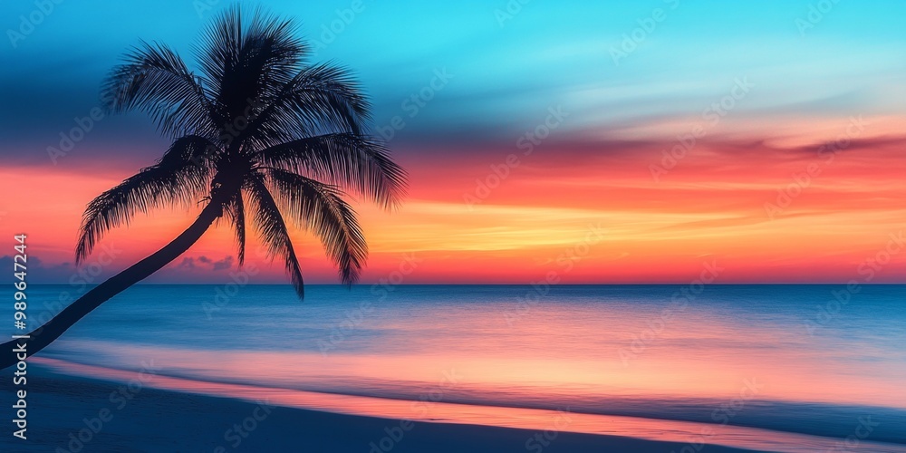 Vibrant beach sunset with silhouetted palm tree, warm colors blending softly in the blurred background, creating a serene atmosphere Vibrant beach sunset with silhouetted palm tree, warm colors blending softly in the blurred background, creating a serene atmosphere