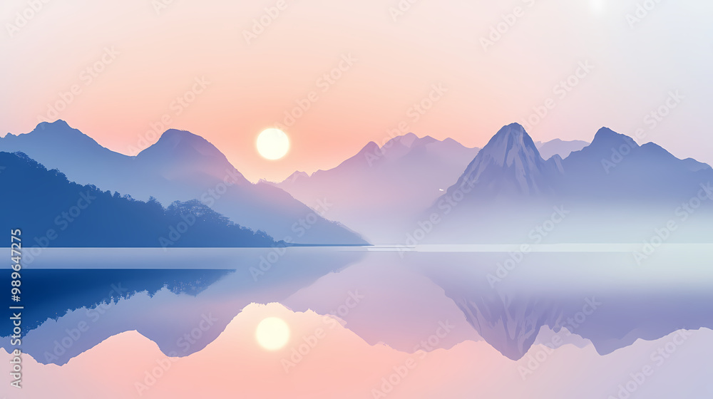 Serene lake with mountain reflection at sunrise, mist over water, scenic landscape. Mountain Lake. Illustration Serene lake with mountain reflection at sunrise, mist over water, scenic landscape. Mountain Lake. Illustration