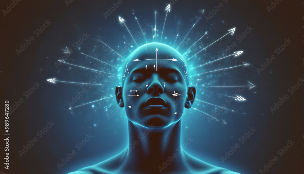 Obraz premium Illustrative graphic depiction of a deep thinking person surrounded by drawn arrows in different directions, agony of choice and decision making