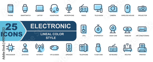 electronic icon collection.linel color style.contains mic,radio,television,smart TV,camera,photo,mouse,wireless mouse,projector,cpu,computer,processor,chipset,joystick,game,hotspot,wifi.

