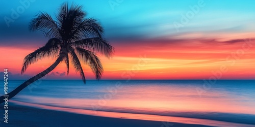Vibrant beach sunset with silhouetted palm tree, warm colors blending softly in the blurred background, creating a serene atmosphere