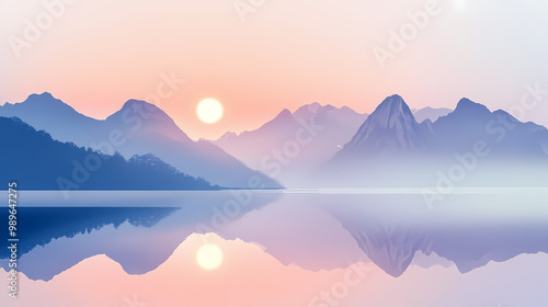 Serene lake with mountain reflection at sunrise, mist over water, scenic landscape. Mountain Lake. Illustration