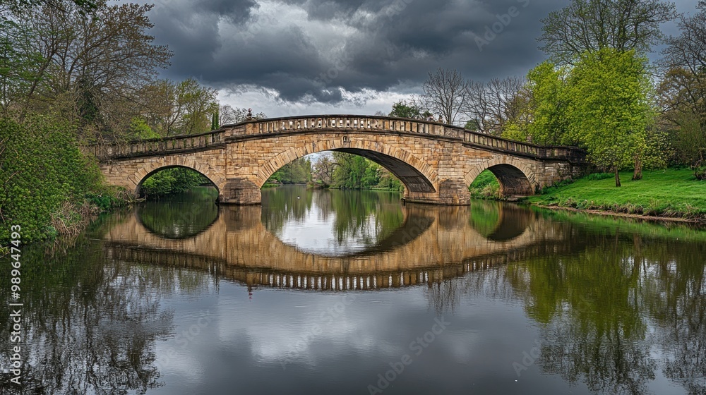 Fototapeta premium A stone bridge arches over a calm river, reflecting the surrounding greenery and cloudy sky.