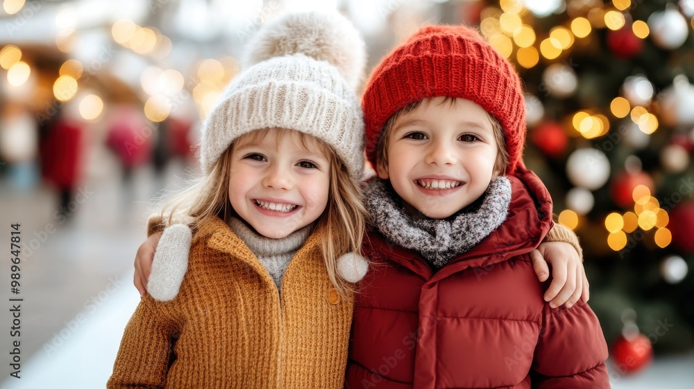 A boy and a girl dressed warmly in winter coats and hats stand close together, smiling broadly, with a festive background, symbolizing the joy of the season. A boy and a girl dressed warmly in winter coats and hats stand close together, smiling broadly, with a festive background, symbolizing the joy of the season.