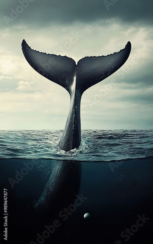 Wallpaper Mural Whale tail breaching the surface of the ocean, generated with AI Torontodigital.ca