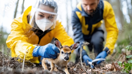 A man and woman in protective gear handle a young fawn in a forest setting, highlighting themes of research, conservation, and the delicate balance of nature. photo