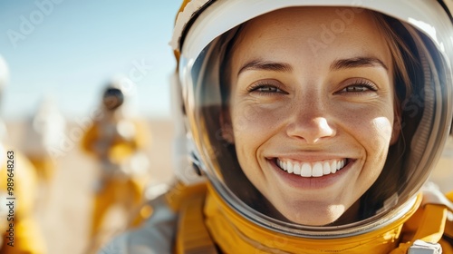 An excited astronaut is smiling broadly inside her helmet, wearing a space suit, with a bright, earth-like landscape behind her, under a clear blue sky. photo