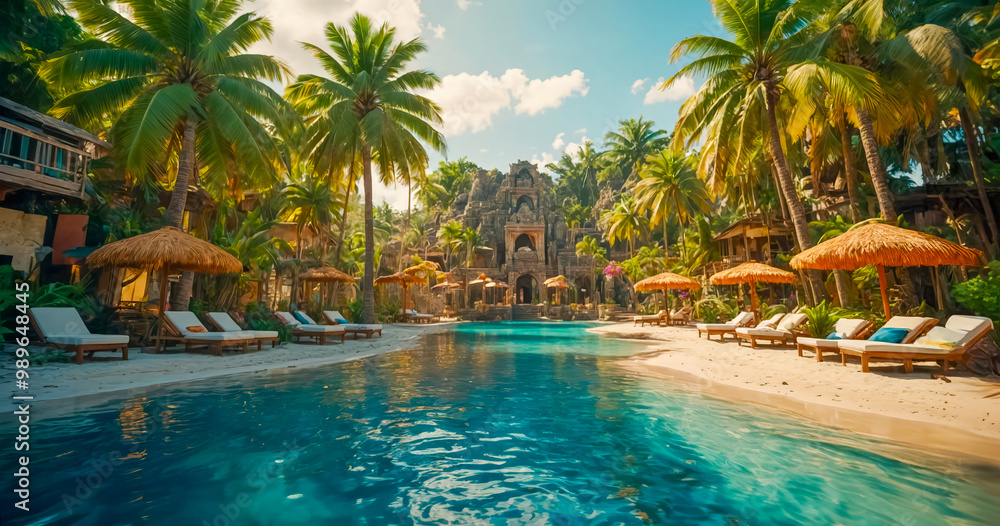 Fototapeta premium AI-generated image of a tropical vacation destination with serene beach and golden sands, azure waters, lush palm trees, vibrant local culture, adventure, relaxation, and cherished memories await you