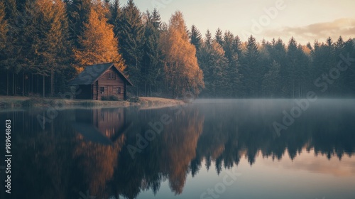 Tranquil lakeside scene with a cabin surrounded by autumn foliage and misty reflections.