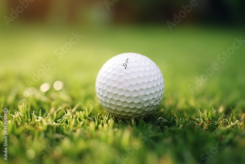 Close-up of a golf ball resting on vibrant green grass during late afternoon sunlight