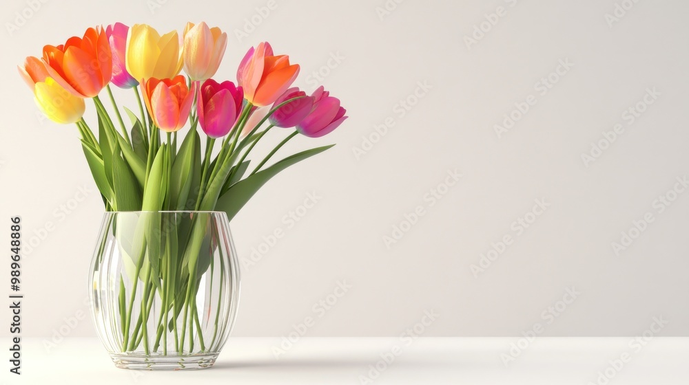 A vibrant bouquet of tulips in a clear vase against a minimalist background. A vibrant bouquet of tulips in a clear vase against a minimalist background.