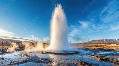 A geyser erupts with boiling water and steam, revealing geothermal wonders under a clear sky