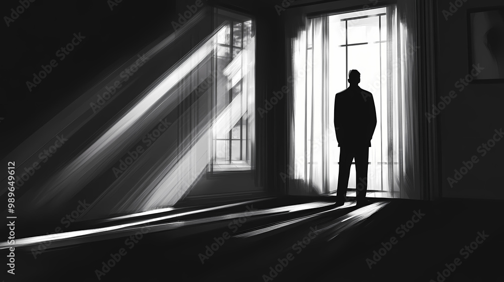 Photorealistic ai artwork of a film noir style image of a silhouette of a person in the window. generative ai. Film Noir. Illustration Photorealistic ai artwork of a film noir style image of a silhouette of a person in the window. generative ai. Film Noir. Illustration
