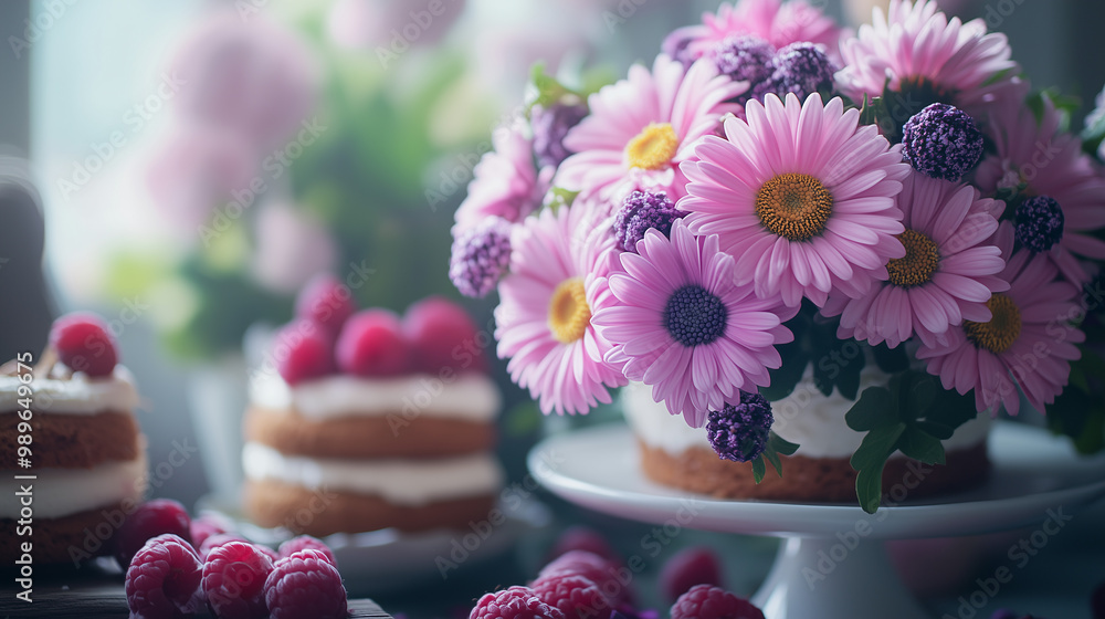 Vibrant Floral Arrangement with Pink and Purple Daisies in a Sweet and Delicate Culinary Treat for a Feminine Bakery Aesthetic Vibrant Floral Arrangement with Pink and Purple Daisies in a Sweet and Delicate Culinary Treat for a Feminine Bakery Aesthetic
