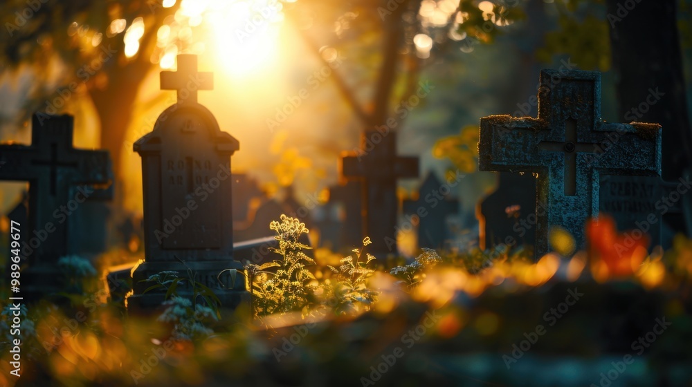 Fototapeta premium A peaceful cemetery with crosses marking graves, symbolizing remembrance and the promise of eternal life
