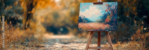 Vibrant landscape artwork displayed on an easel, lush blurred nature scene in background, colors harmonizing with surrounding scenery. photo