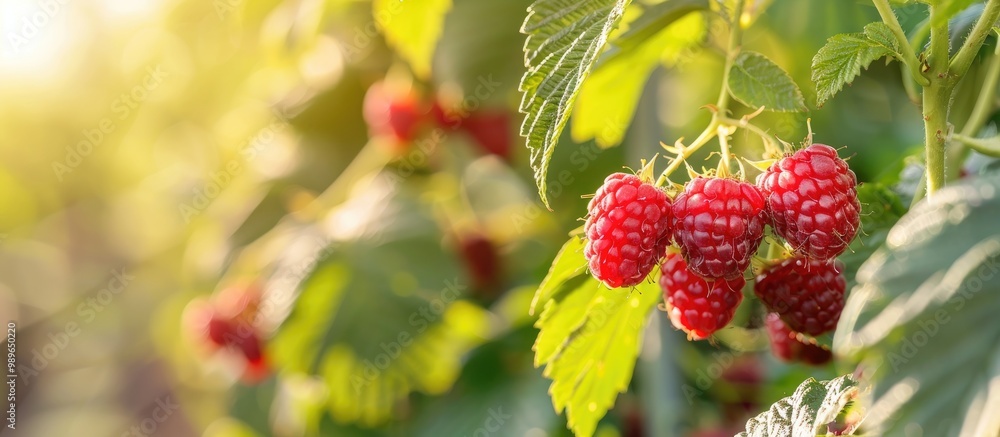 Several Ripe Red Raspberries Growing Several Ripe Red Raspberries Growing